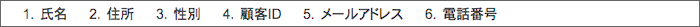 1.氏名 2.住所 3.性別 4.顧客ID 5.メールアドレス 6.電話番号